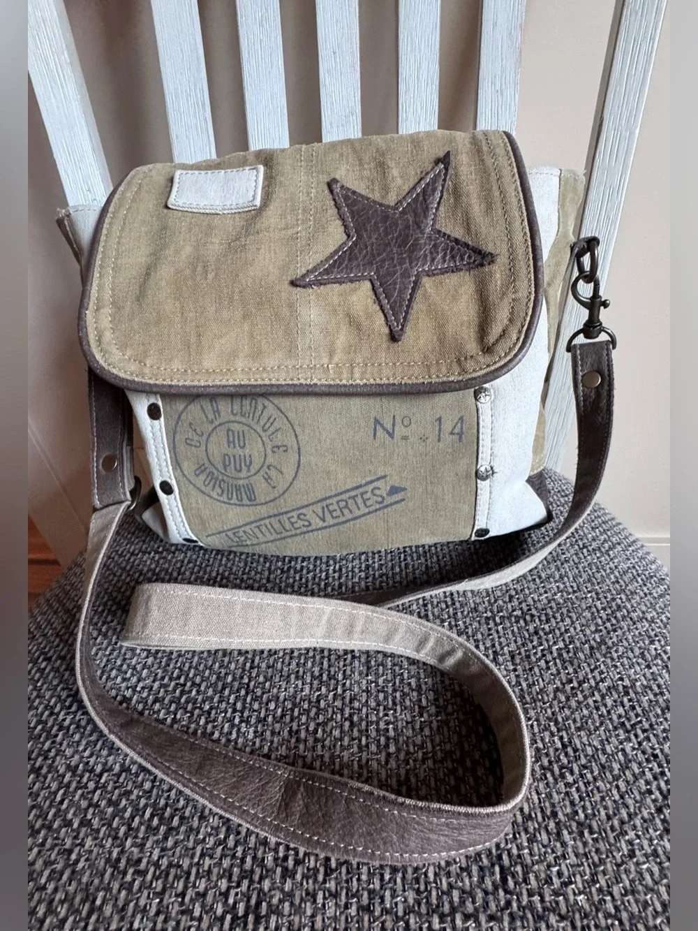Myra Bag Olive and Cream Canvas Messenger with Brown Star Patch